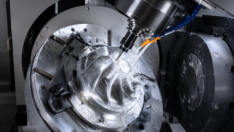 5-axis CNC machining of a complex aluminum impeller with simultaneous multi-angle cutting and coolant.
