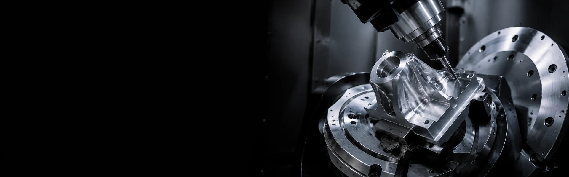 5-axis CNC machining center cutting a complex precision metal part on a rotary fixture in a dark industrial environment