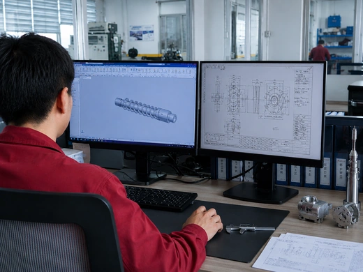 CNC engineer reviewing CAD model and technical drawing for precision machining development.