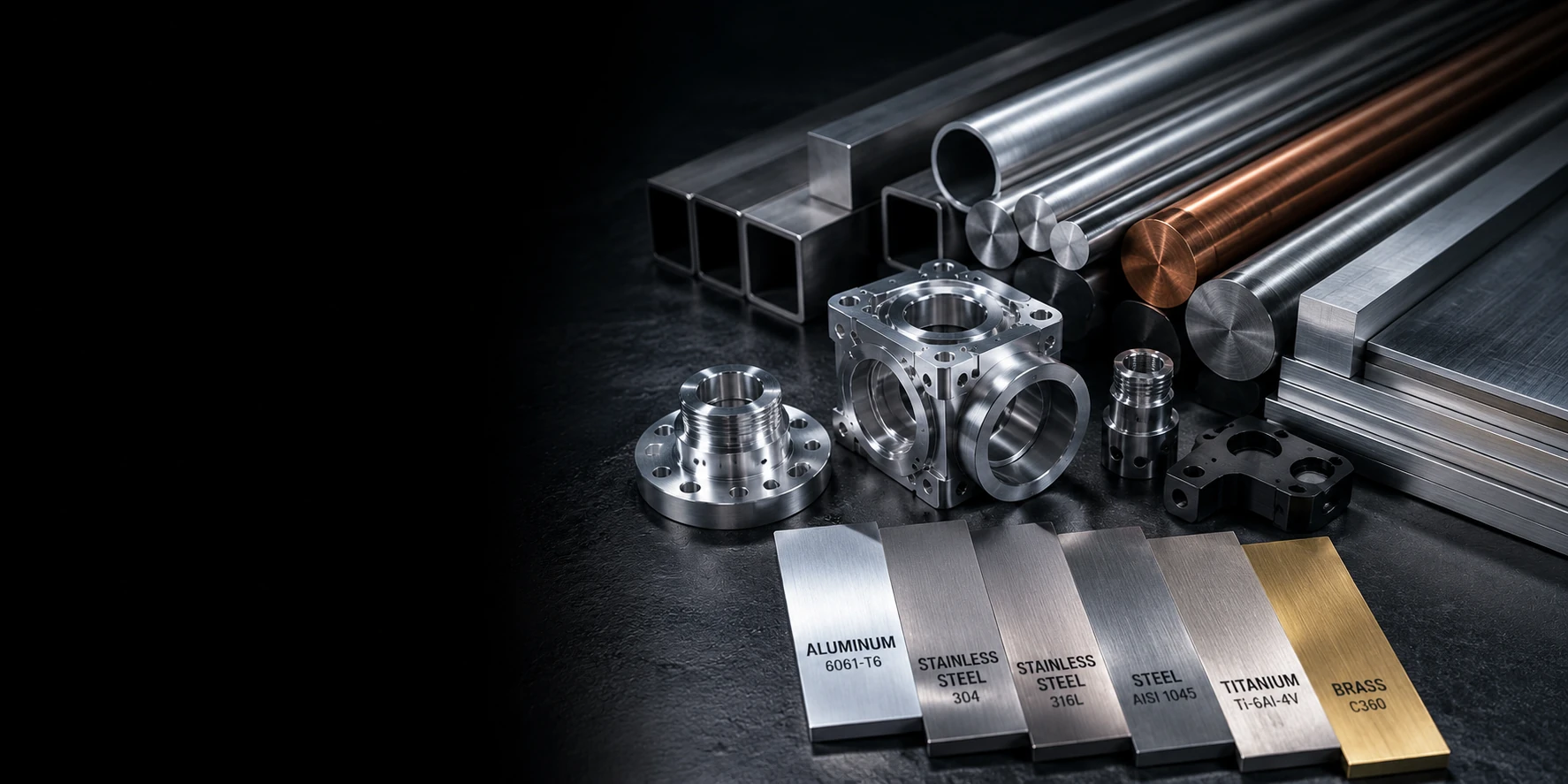 CNC machining materials and metal grades including aluminum, stainless steel, carbon steel, titanium, brass, and precision machined components.