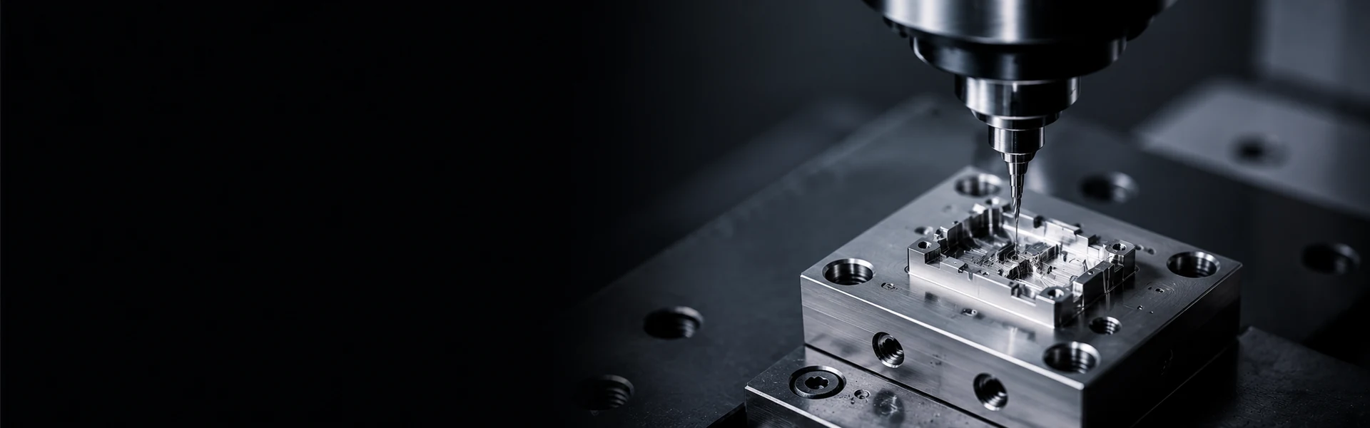 CNC micromachining tool cutting fine features into a small precision metal part in a dark industrial machining environment