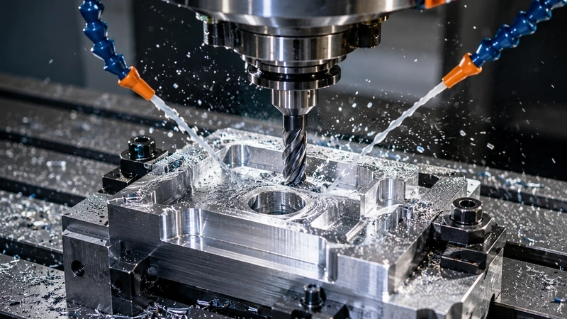 CNC milling of a precision aluminum component with coolant and metal chips.