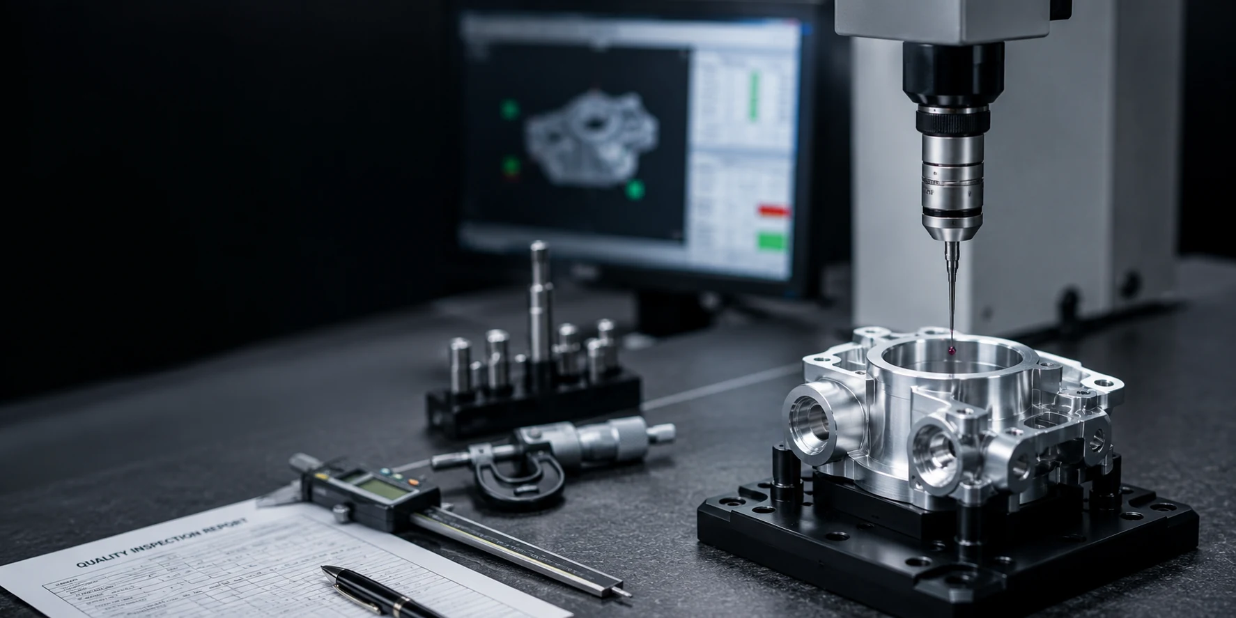 CMM inspection of a precision CNC machined aluminum component with dimensional measuring tools for quality assurance.