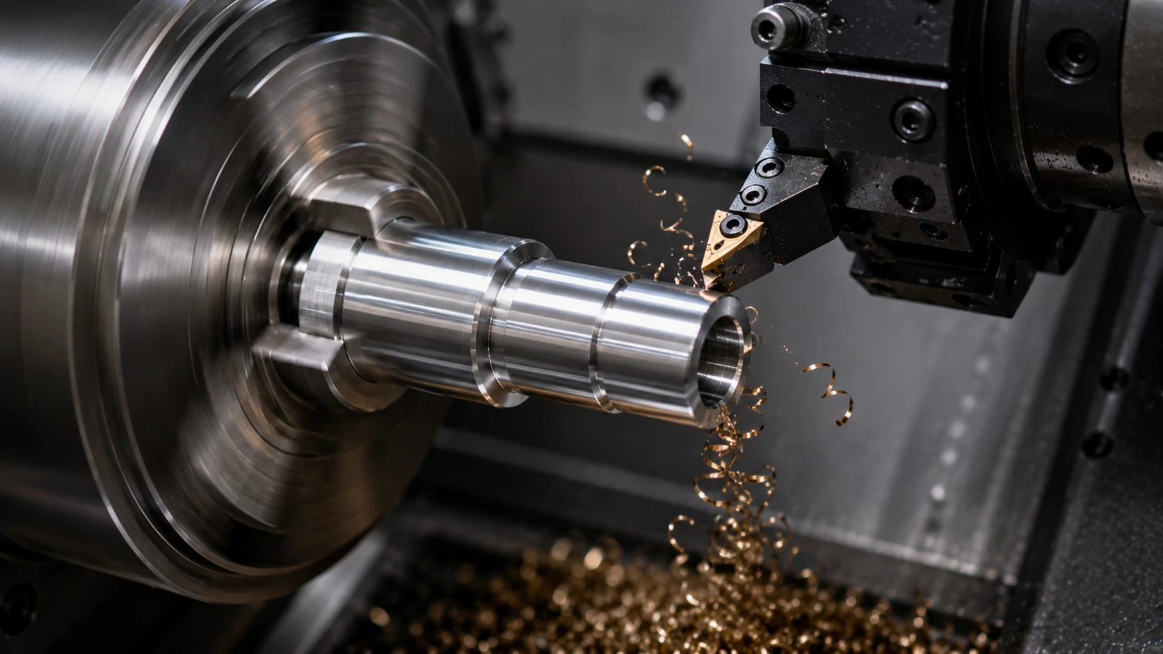 CNC turning machine machining a precision metal shaft with carbide cutting tool and metal chips during high-precision CNC lathe operation