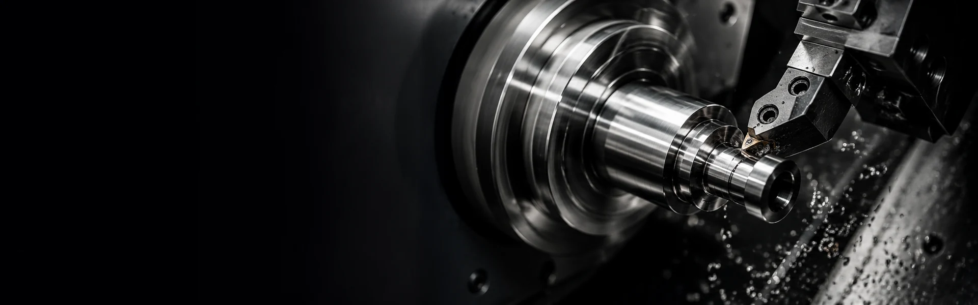 CNC turning machine cutting a precision metal shaft on a lathe in a dark industrial machining environment