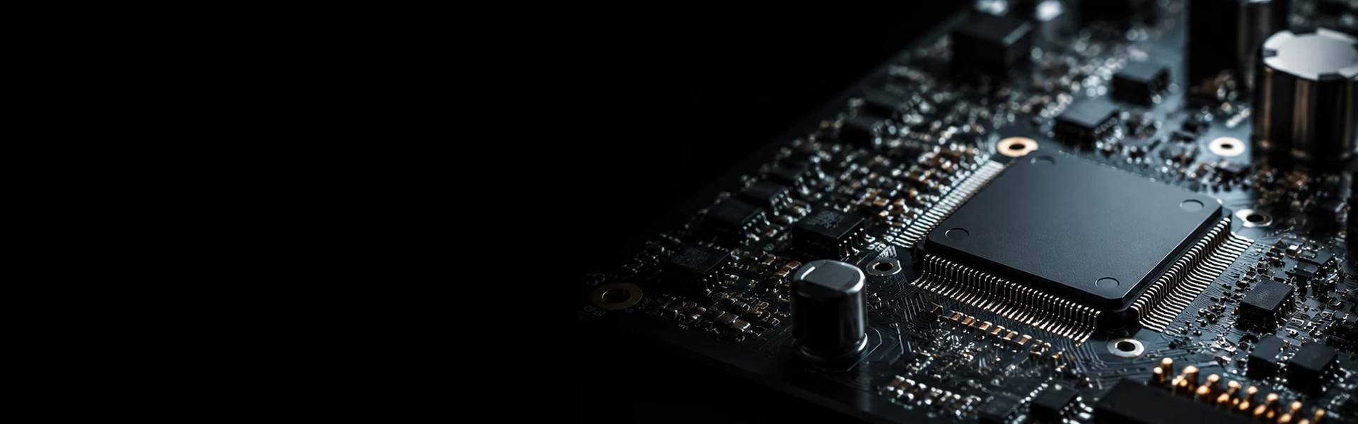 Electronics CNC machining and PCB assembly industry hero banner with precision electronic components