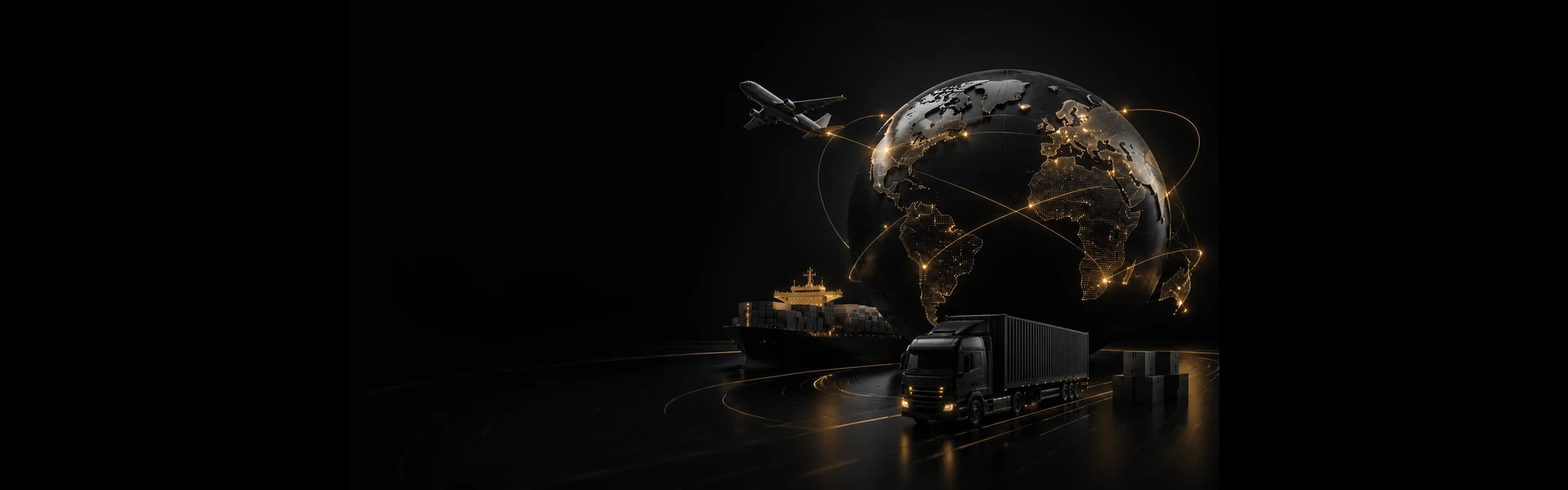 Global logistics network with globe, air freight, sea shipping and ground transportation