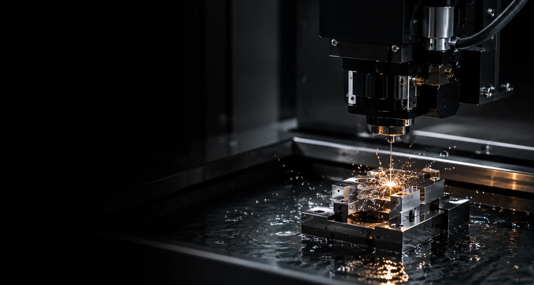Wire & sinker EDM machine performing high-precision electrical discharge machining on a custom metal component for complex industrial manufacturing.