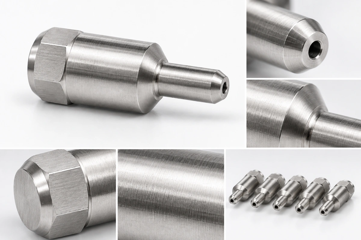 316L precision fluid connector showing micro-hole, machined shoulder, surface finish, and batch consistency
