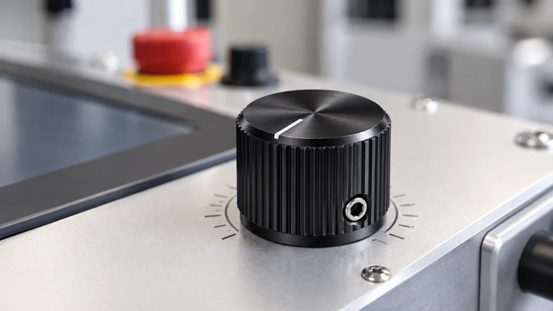 Black anodized aluminum encoder knob installed on industrial control equipment panel