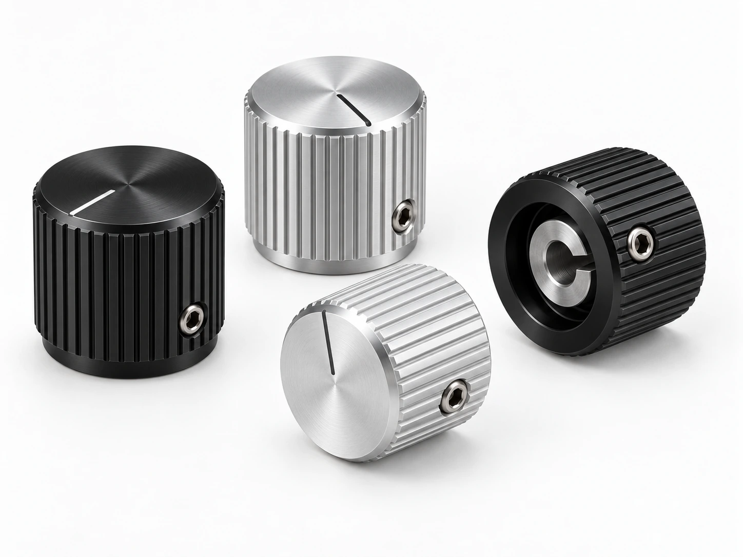 CNC machined aluminum encoder knobs with black anodized and natural aluminum finishes
