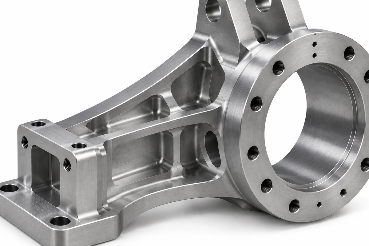 Close-up of critical bearing bore, flange holes and machined interfaces on a 5-axis CNC robot joint bracket