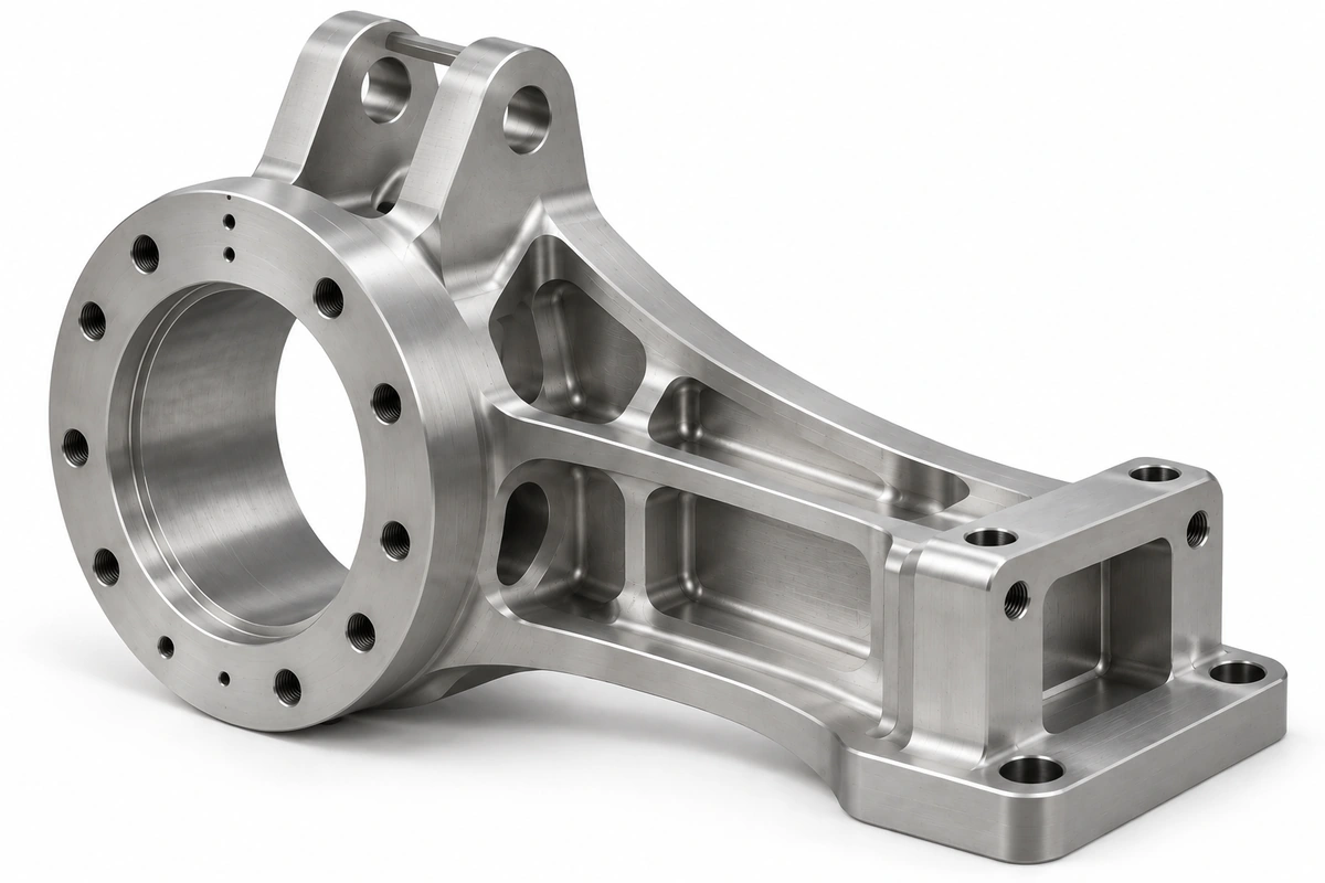 7075 aluminum robot joint bracket showing multi-face CNC machining features, mounting holes and weight-reduction pockets