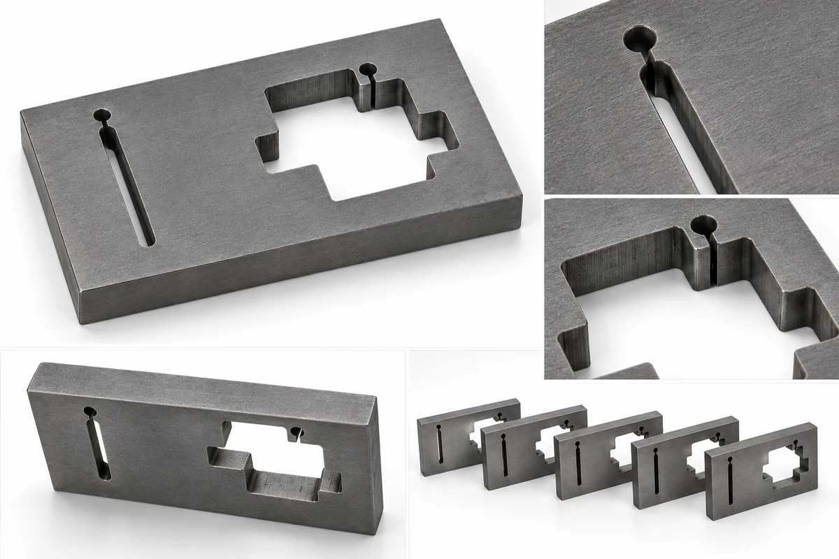 Precision Wire EDM profile detail showing narrow slot, start hole, and internal corners in hardened D2 tool steel