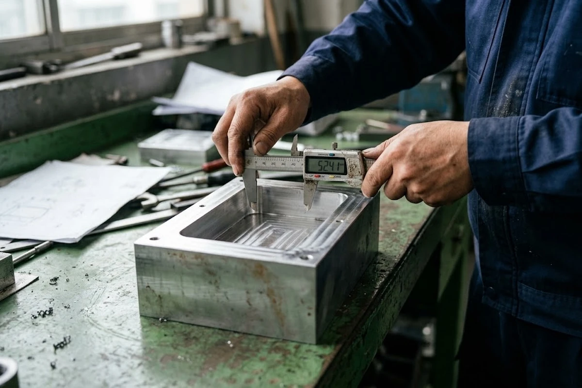 Machinist inspecting a CNC machined aluminum part to verify dimensions and manufacturability
