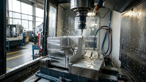 CNC milling machine machining a complex aluminum part with deep pockets and internal features