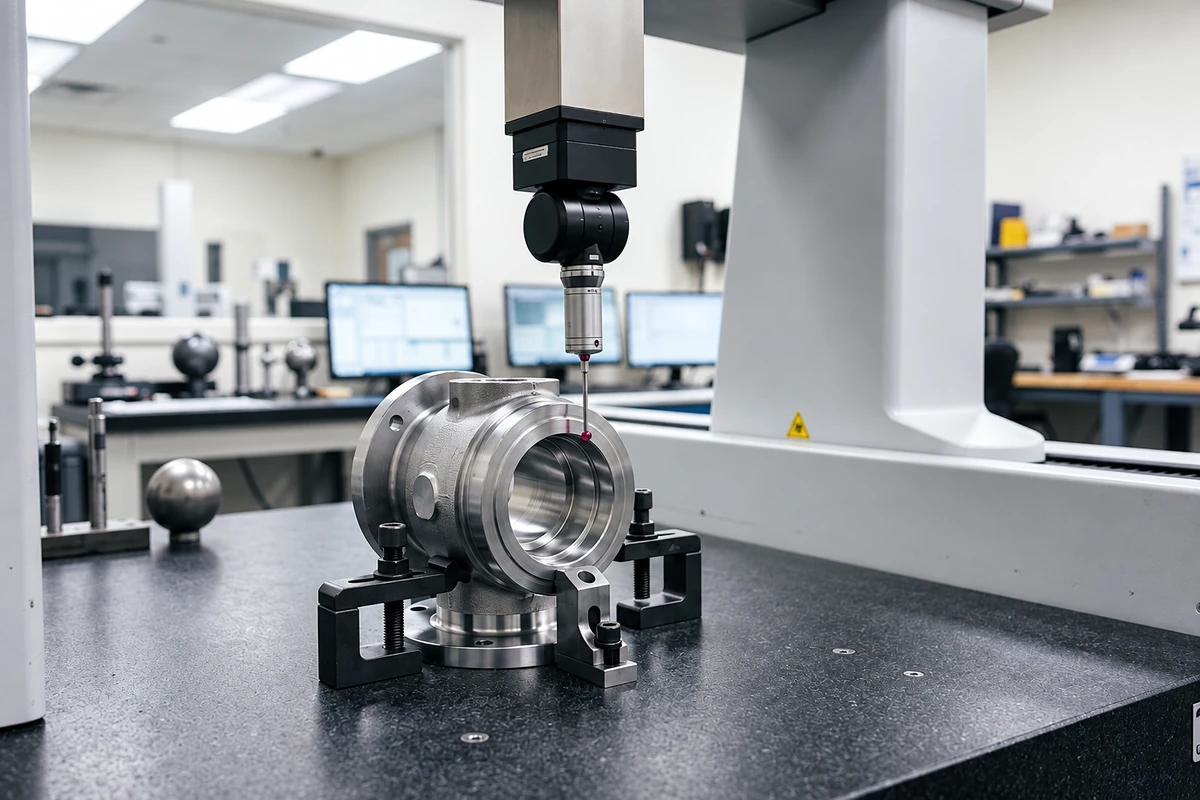 CMM inspection of CNC machined component for dimensional tolerance verification and quality control