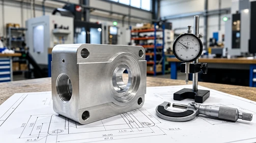 CNC machined aluminum housing with precision measurement tools for machining tolerance inspection