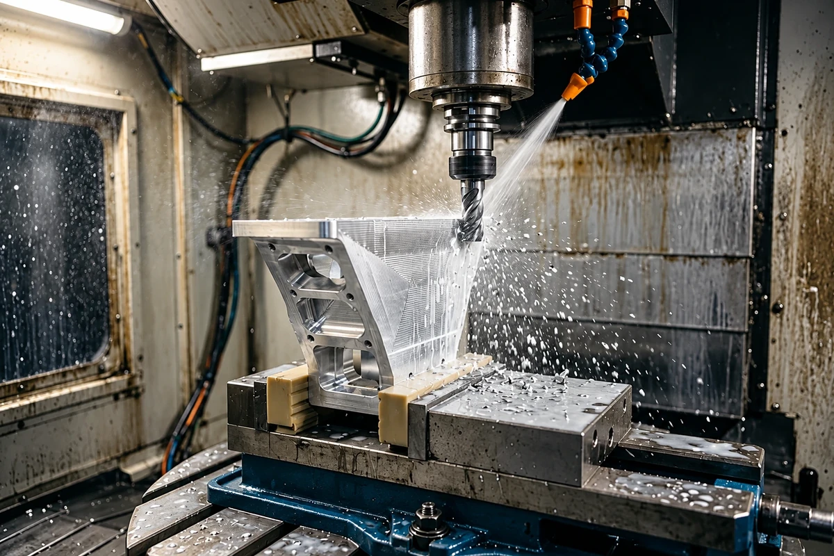 CNC milling process with coolant spray showing machining process control for tight tolerances